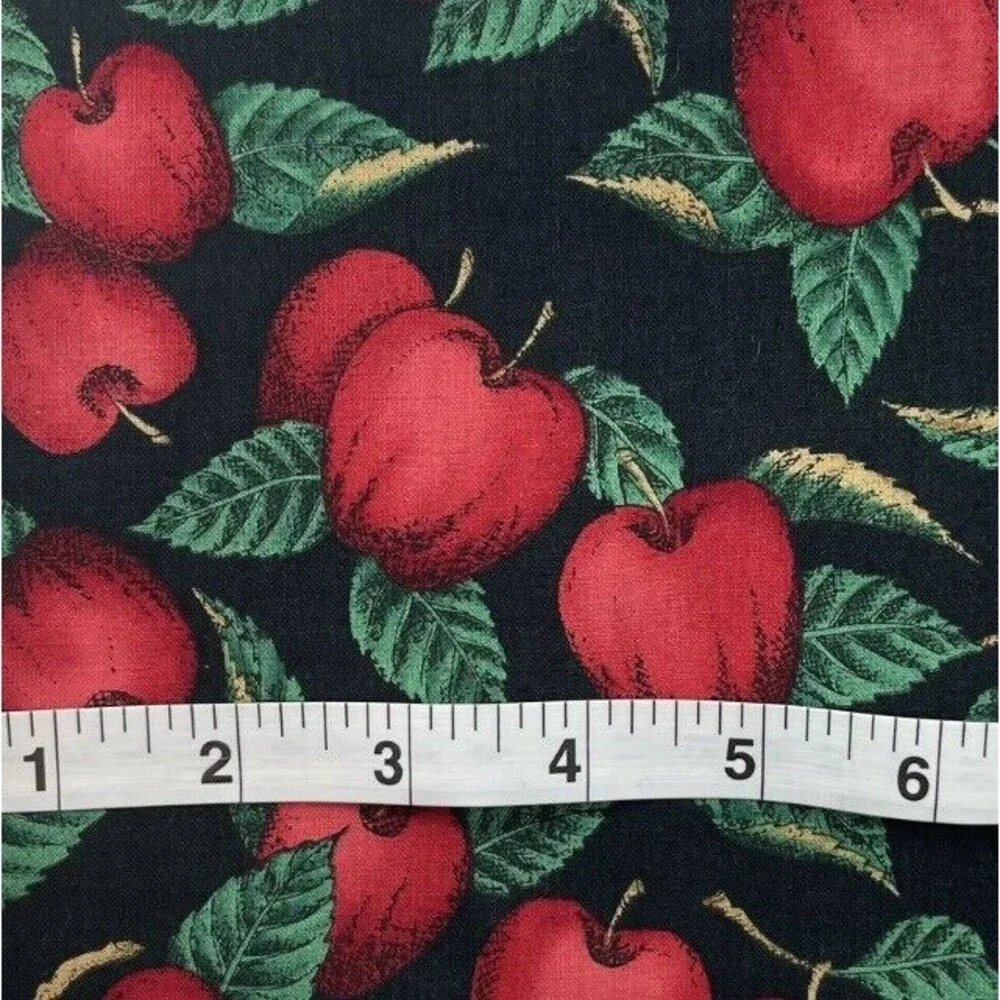 Vintage Red Apple Fabric Leaves Fruit on Black Fall Fabric Cotton Remnant 3/4yd